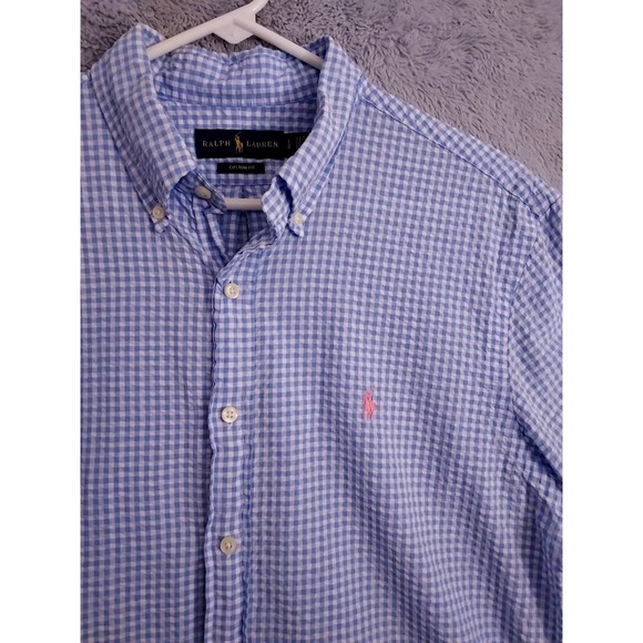 Polo Ralph Lauren Shirt Mens Large Seersucker Gingham Plaid Blue Oxford Custom L - Picture 4 of 8